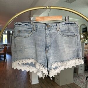 Free People Lacey Light Blue Jean Shorts with White Lace Trim